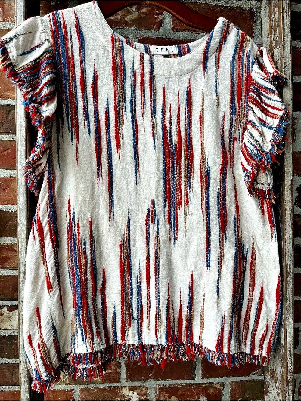 THML Striped Fringe Blouse in White & Red Large Like New